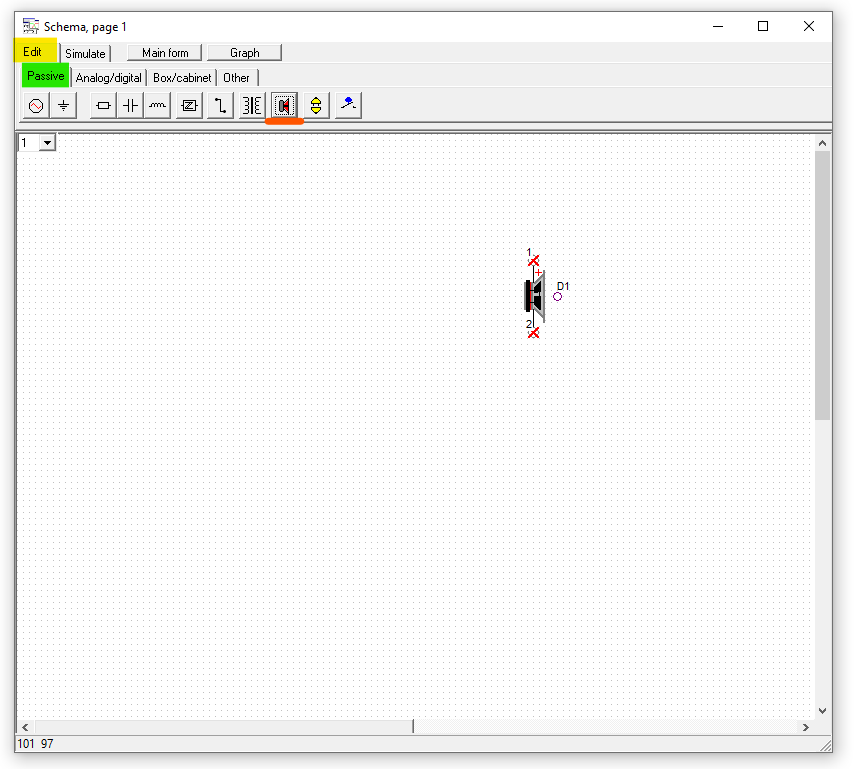 In diesem Fenster platzieren wir die Lautsprecher f&uuml;r die Frequenzweichensimulation in LspCAD.